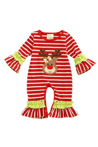 Red and White Stripe Reindeer Applique Ruffled Romper