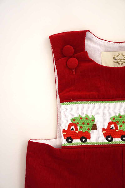 Red Smocked Corduroy Christmas Tree Truck Jonjon