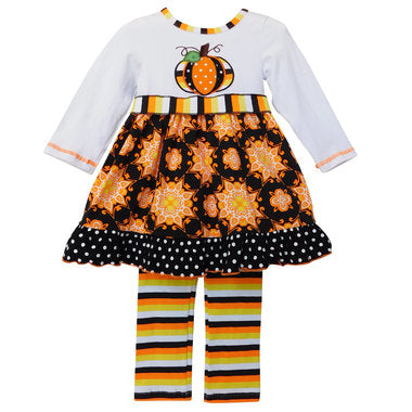 Autumn Pumpkin Dress & Striped Leggings 2 Piece Outfit