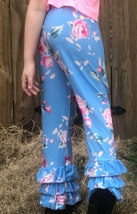 Blue Floral Print Ruffle Pants
