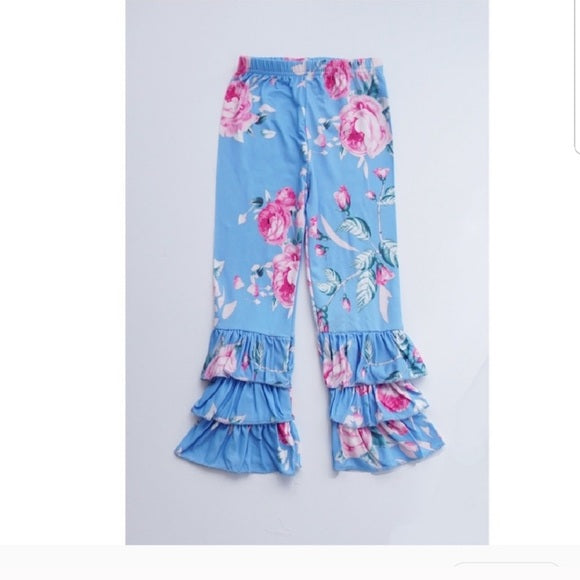 Blue Floral Print Ruffle Pants