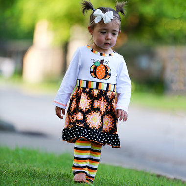 Autumn Pumpkin Dress & Striped Leggings 2 Piece Outfit