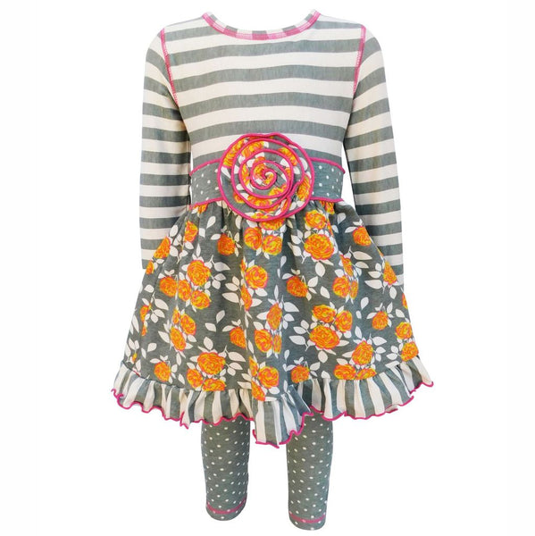 Grey Floral & Striped Dress & Polka Dot Leggings Clothing Set